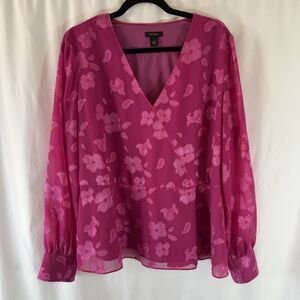 Halogen Blouse Women's XL Pink Floral Print Vneck Sheer Long Sleeve Peplum